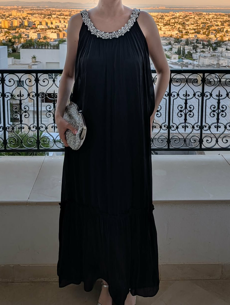 Robe de soirée " Miranda" Noir avec strass et perle